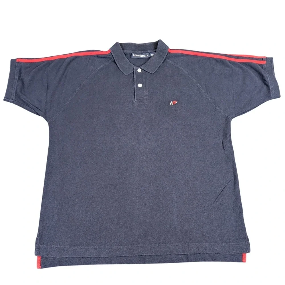 Y2K Aeropostale Mens Polo‎ Shirt Large Navy Blue Red Stripe A87 Logo Cotton 0736